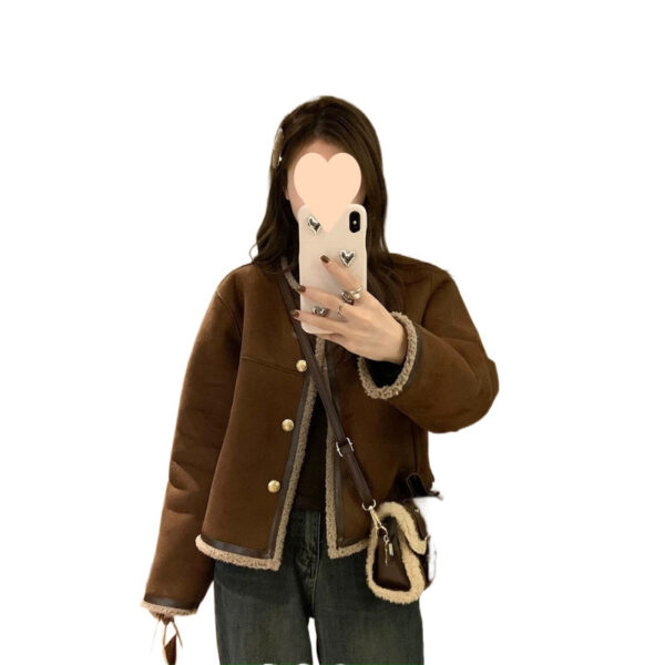 Cashmere Suede Fur Integrated Maillard Long-sleeved Coat For Women - Image 5