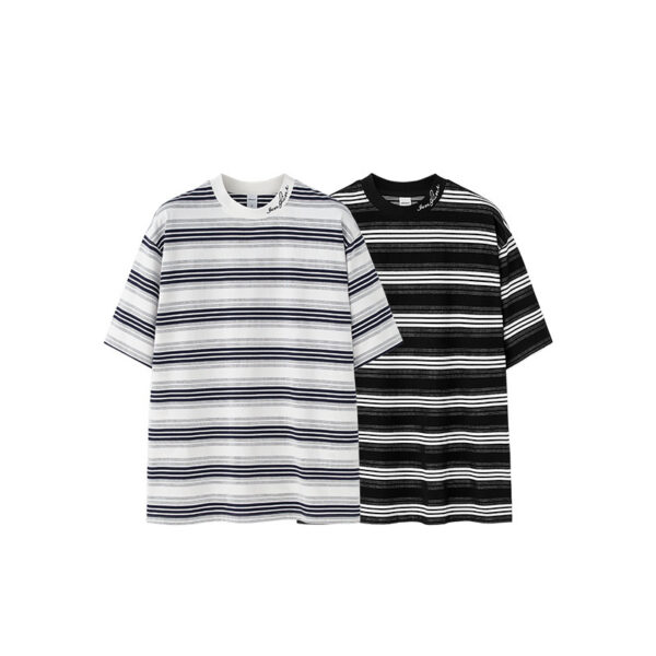 Men's Striped T-shirt Fine Woven Plaid Loose Street Embroidery - Image 5