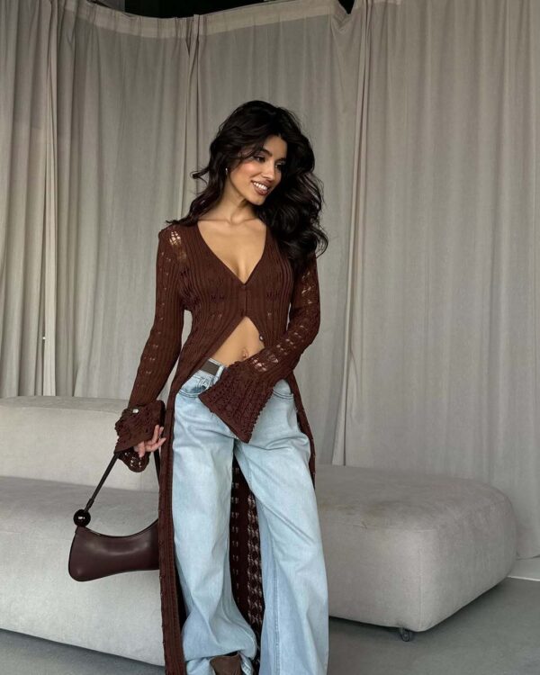 European And American Hot Girl Hollow Knitted Cardigan Bandage Dress Solid Color Long Sleeve V-neck Solid Color Top - Image 7