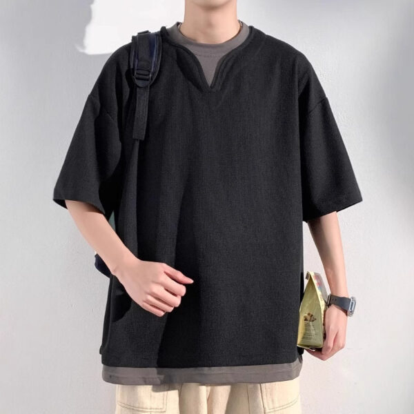 Henry Collar Fake Two Pieces Short Sleeve T-shirt Trendy Men Summer - Image 7