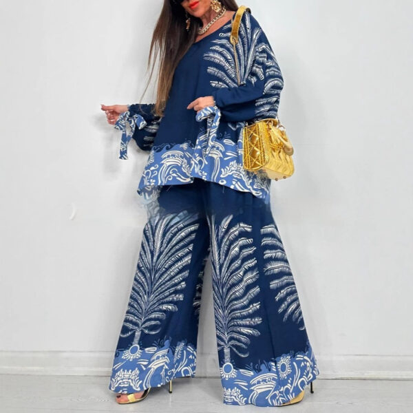 Vintage Floral Print Long Sleeves Top Wide Leg Pants Suit - Image 3