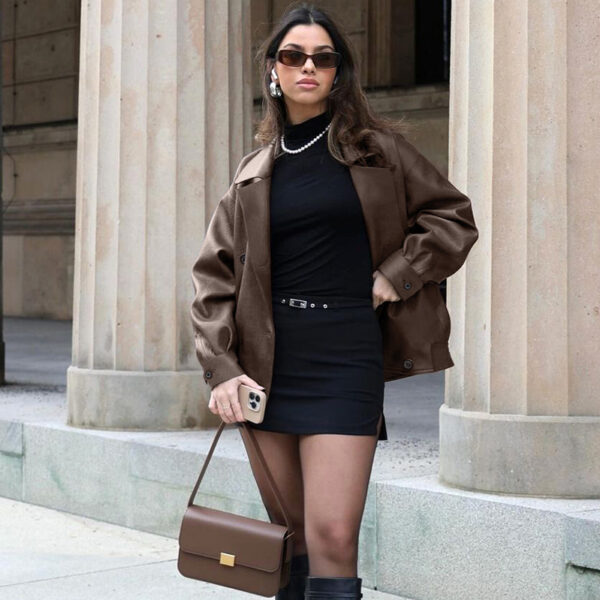 Women's Elegant Suit Collar Loose Leather Coat - Image 4