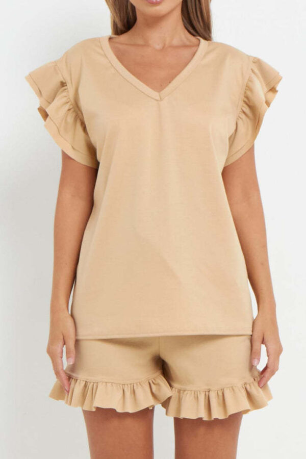 Ladies V Neck Frill Peplum Sleeve Top And Short 2 Piece Tracksuit Set - Image 5
