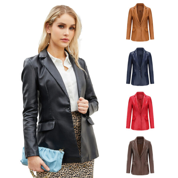 Single Button Commute Leisure Solid Color Leather Coat - Image 7