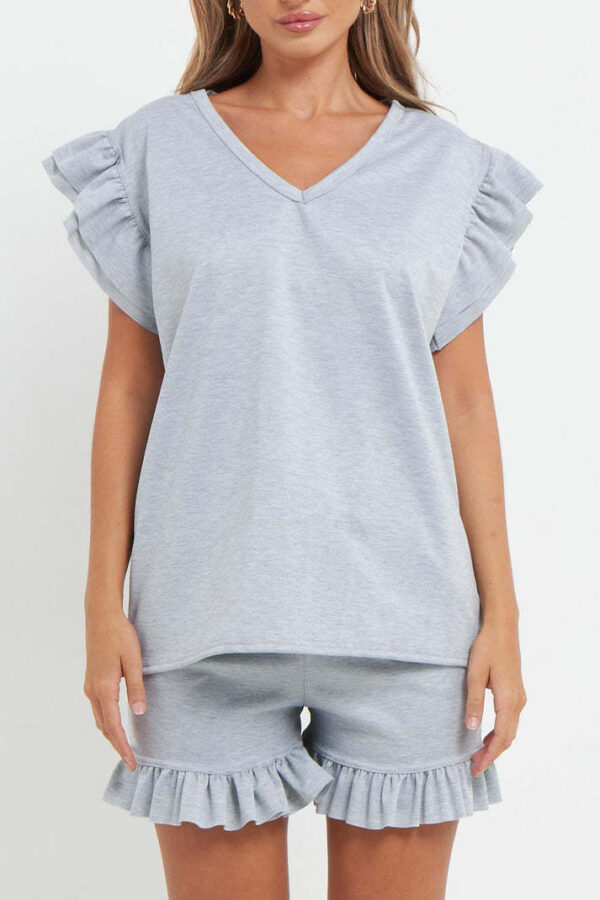 Ladies V Neck Frill Peplum Sleeve Top And Short 2 Piece Tracksuit Set - Image 3