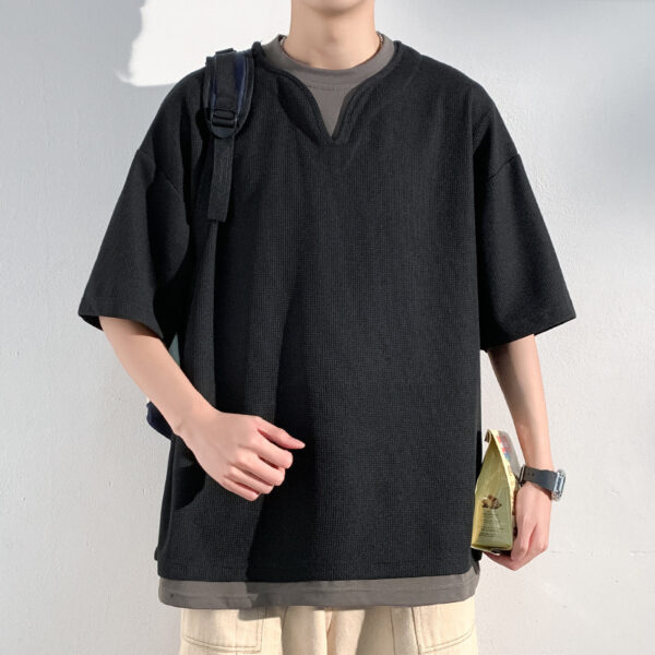 Henry Collar Fake Two Pieces Short Sleeve T-shirt Trendy Men Summer - Image 2