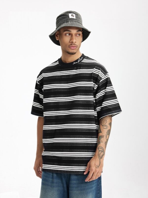 Men's Striped T-shirt Fine Woven Plaid Loose Street Embroidery - Image 4