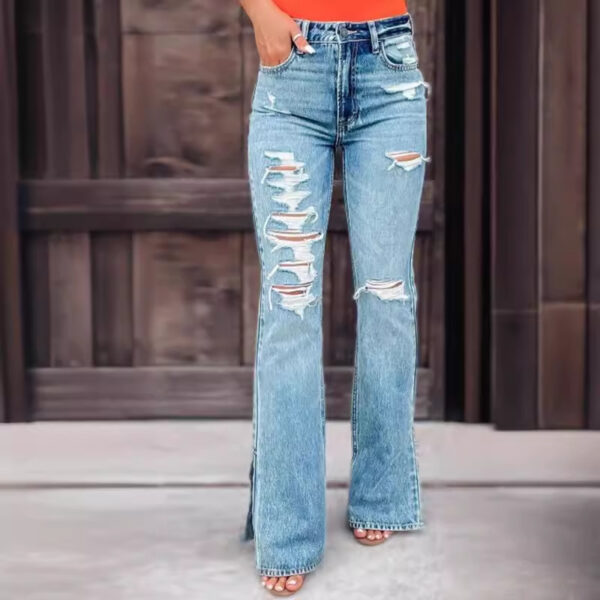 Ladies Jeans High Waist Ripped Slightly Stretch Split Trousers - Image 4