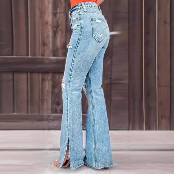 Ladies Jeans High Waist Ripped Slightly Stretch Split Trousers - Image 2