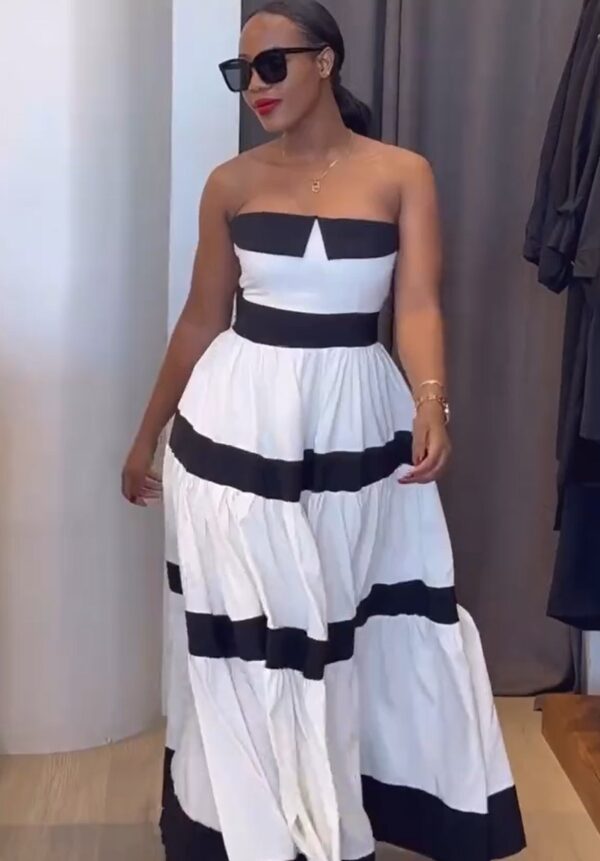 Elegant Contrast Color Off-the-shoulder Striped Dress - Image 2