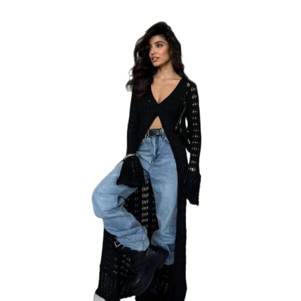 European And American Hot Girl Hollow Knitted Cardigan Bandage Dress Solid Color Long Sleeve V-neck Solid Color Top - Image 8