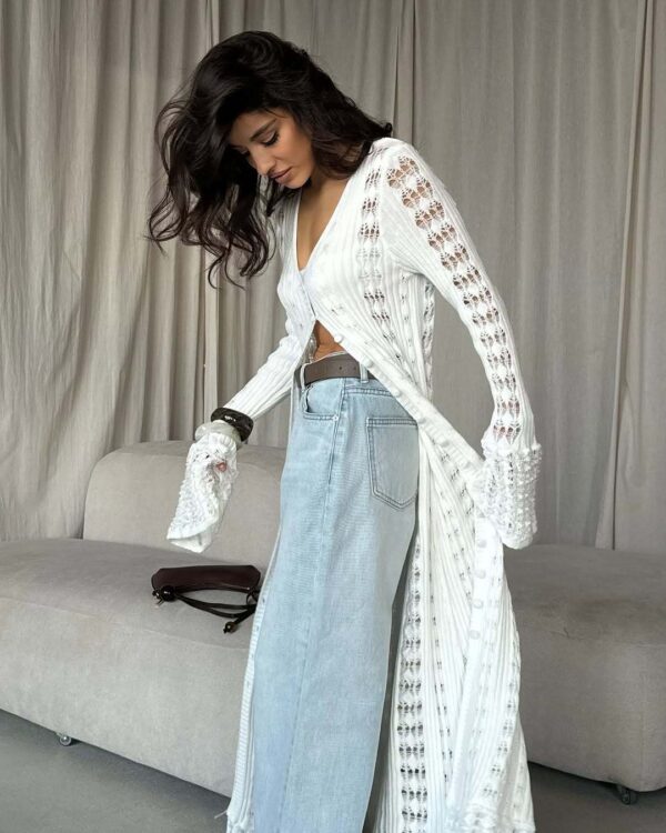 European And American Hot Girl Hollow Knitted Cardigan Bandage Dress Solid Color Long Sleeve V-neck Solid Color Top - Image 4