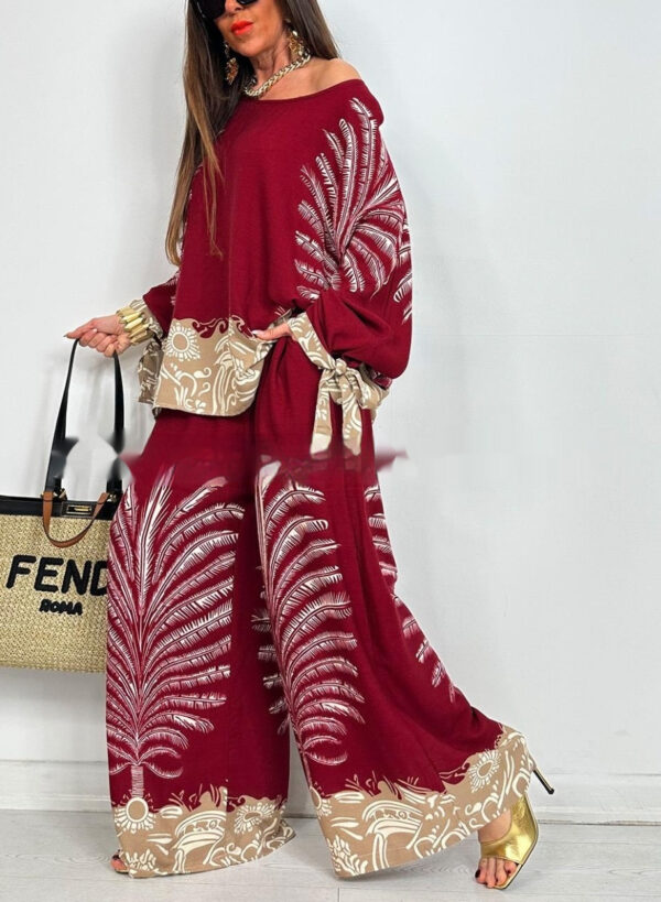 Vintage Floral Print Long Sleeves Top Wide Leg Pants Suit - Image 6