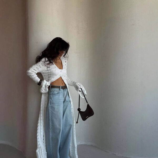European And American Hot Girl Hollow Knitted Cardigan Bandage Dress Solid Color Long Sleeve V-neck Solid Color Top - Image 2