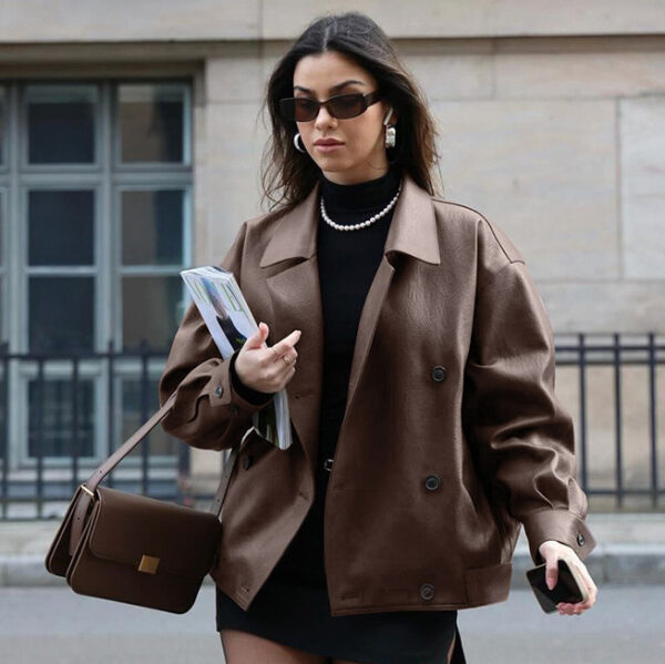 Women's Elegant Suit Collar Loose Leather Coat - Image 5
