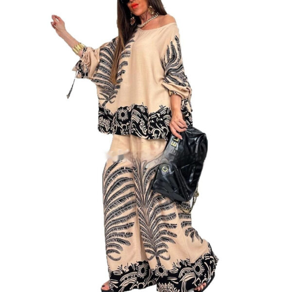 Vintage Floral Print Long Sleeves Top Wide Leg Pants Suit - Image 7