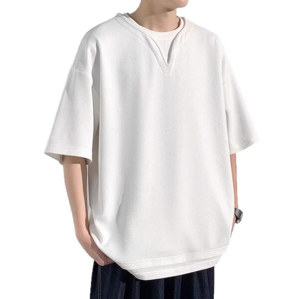 Henry Collar Fake Two Pieces Short Sleeve T-shirt Trendy Men Summer - Image 4
