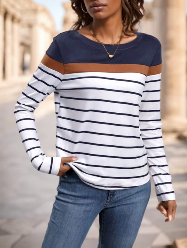 Women's Round Neck Striped Long Sleeve T-Shirt - Image 2