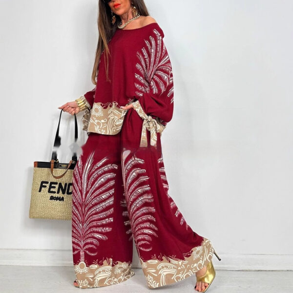 Vintage Floral Print Long Sleeves Top Wide Leg Pants Suit - Image 9