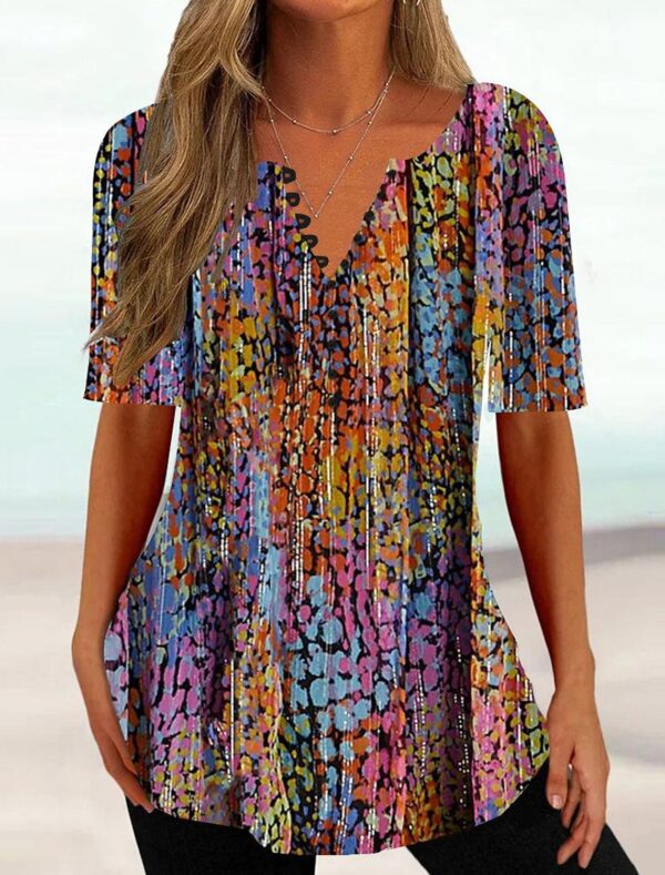 Printed V-neck Button Short Sleeve - Image 2