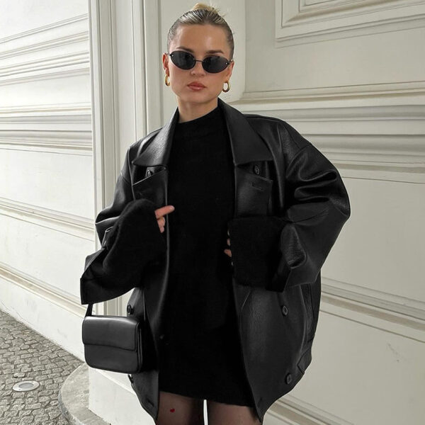 Women's Elegant Suit Collar Loose Leather Coat - Image 3