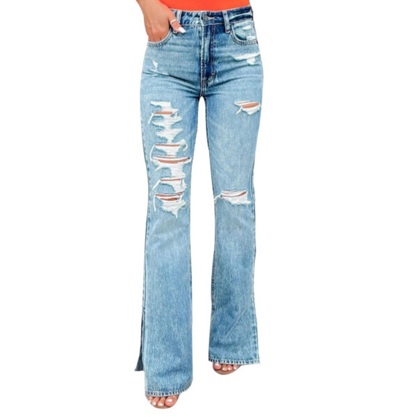 Ladies Jeans High Waist Ripped Slightly Stretch Split Trousers - Image 5