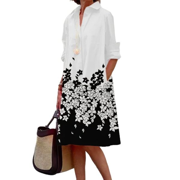 Women's Elegant Floral 3D Digital Printing Single Row Open Button Shirt Dress - Image 3