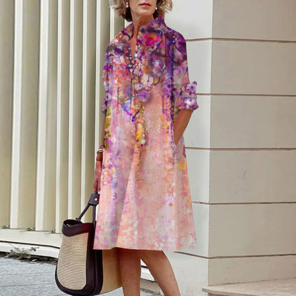 Women's Elegant Floral 3D Digital Printing Single Row Open Button Shirt Dress - Image 5