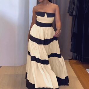 Elegant Contrast Color Off-the-shoulder Striped Dress