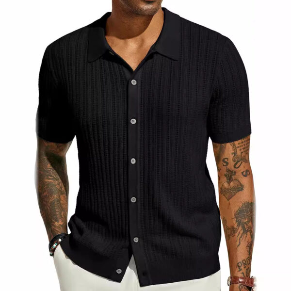 Summer Cool Knitted Men's Shirt Short Sleeved Lapel Solid Color - Image 2