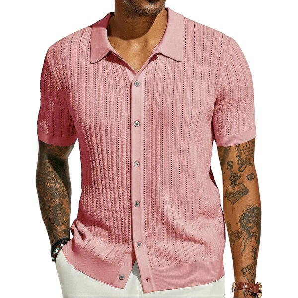 Summer Cool Knitted Men's Shirt Short Sleeved Lapel Solid Color - Image 7