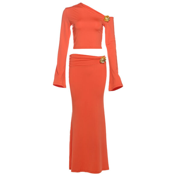 Diagonal Collar Three-dimensional Decoration High Waist Slim Fit Long Dress Suit - Image 5
