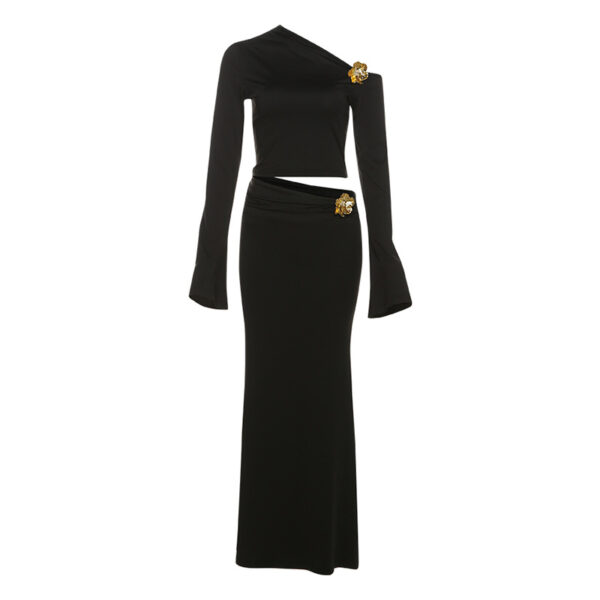 Diagonal Collar Three-dimensional Decoration High Waist Slim Fit Long Dress Suit - Image 3