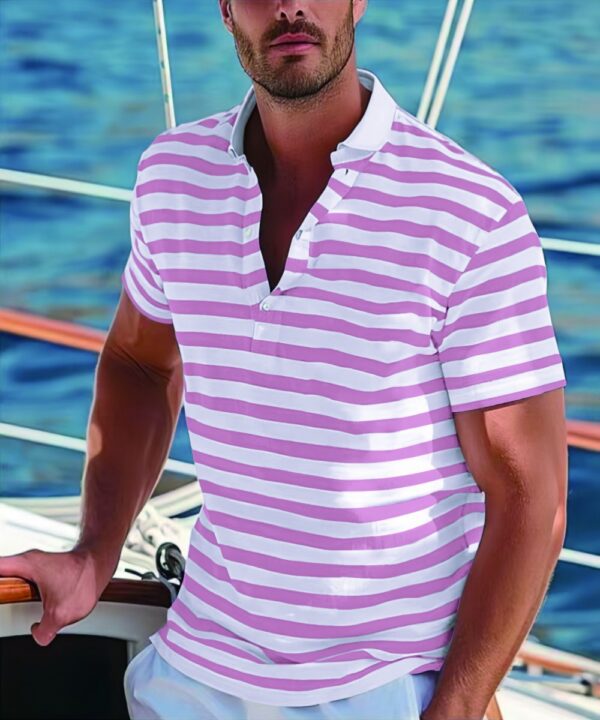 Men's Short-sleeve Polo Shirt Striped Casual Top - Image 9