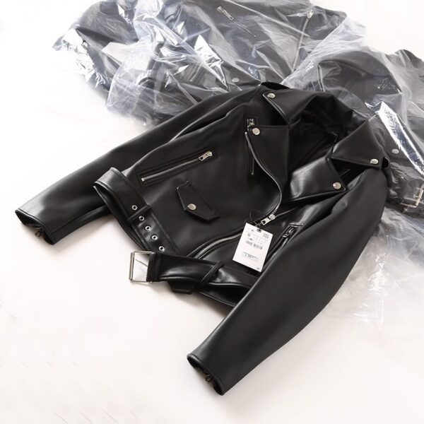 Women's Black PU Leather Zip Jacket - Image 3