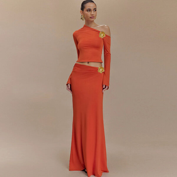 Diagonal Collar Three-dimensional Decoration High Waist Slim Fit Long Dress Suit - Image 2