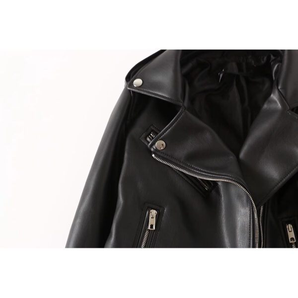 Women's Black PU Leather Zip Jacket - Image 2
