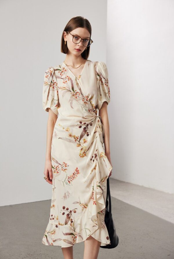 Women's Stomach Blanket-style Lace Printing Short-sleeved Silk Dress - Image 4