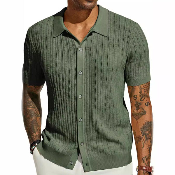 Summer Cool Knitted Men's Shirt Short Sleeved Lapel Solid Color - Image 5