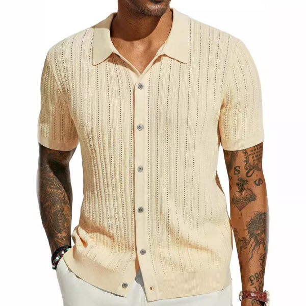 Summer Cool Knitted Men's Shirt Short Sleeved Lapel Solid Color - Image 3