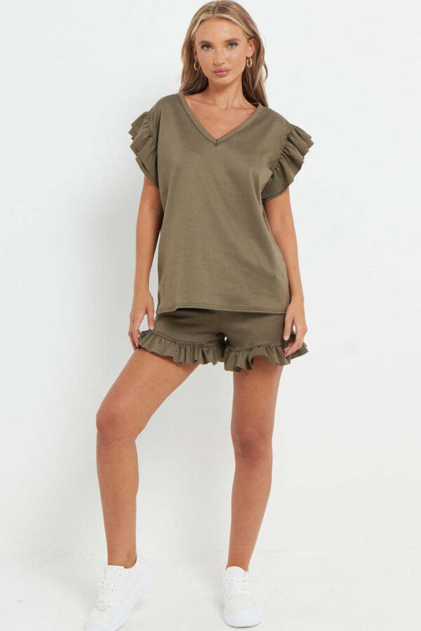Ladies V Neck Frill Peplum Sleeve Top And Short 2 Piece Tracksuit Set - Image 4