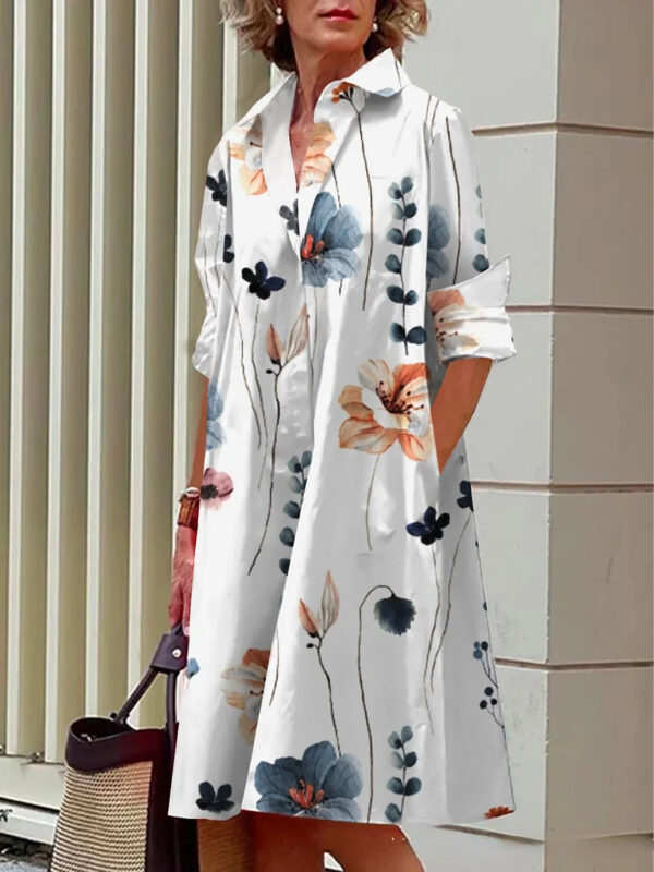 Women's Elegant Floral 3D Digital Printing Single Row Open Button Shirt Dress - Image 2