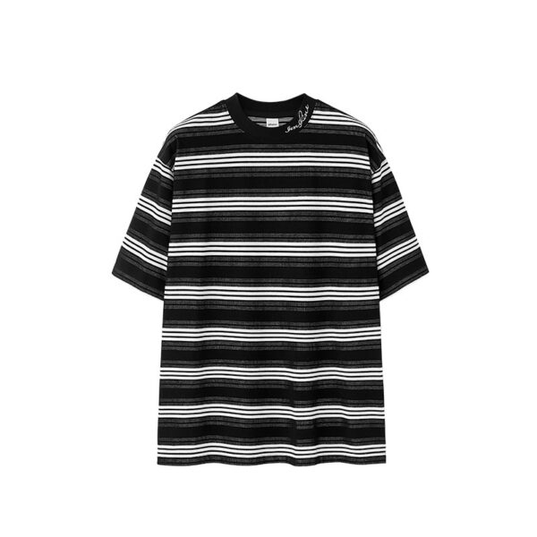 Men's Striped T-shirt Fine Woven Plaid Loose Street Embroidery - Image 2
