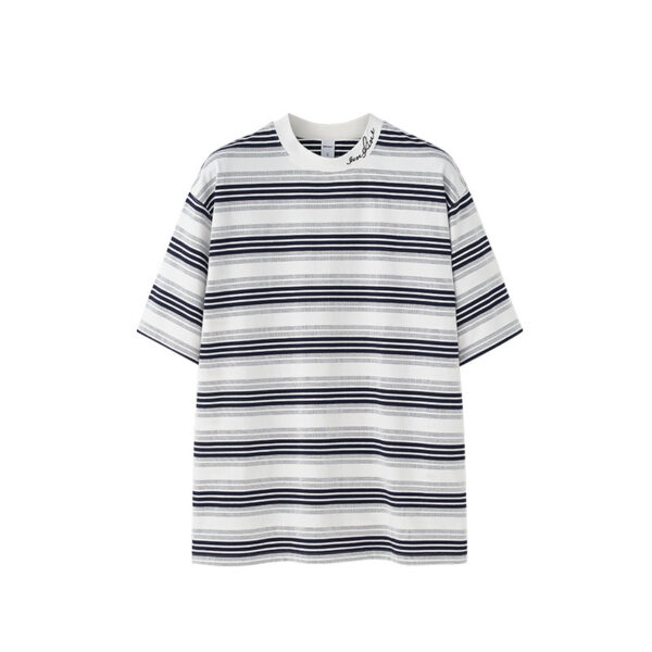 Men's Striped T-shirt Fine Woven Plaid Loose Street Embroidery - Image 3