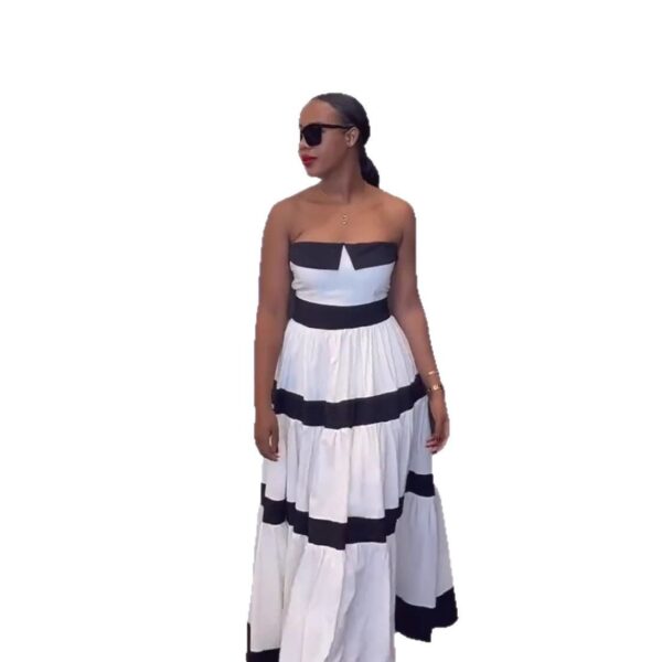 Elegant Contrast Color Off-the-shoulder Striped Dress - Image 3