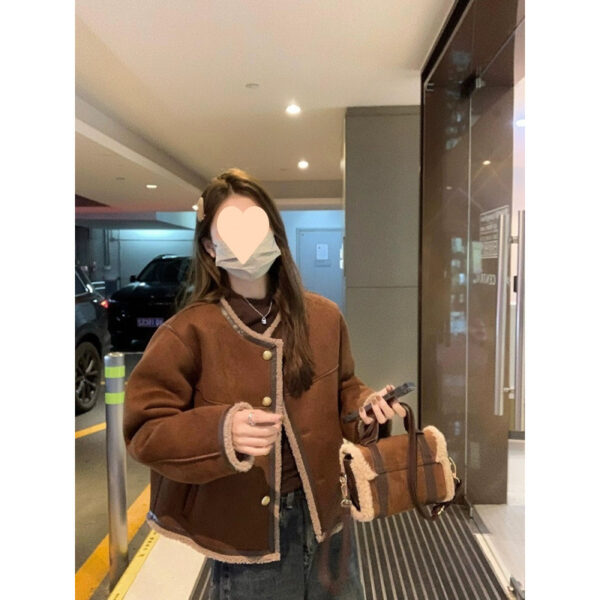Cashmere Suede Fur Integrated Maillard Long-sleeved Coat For Women - Image 3