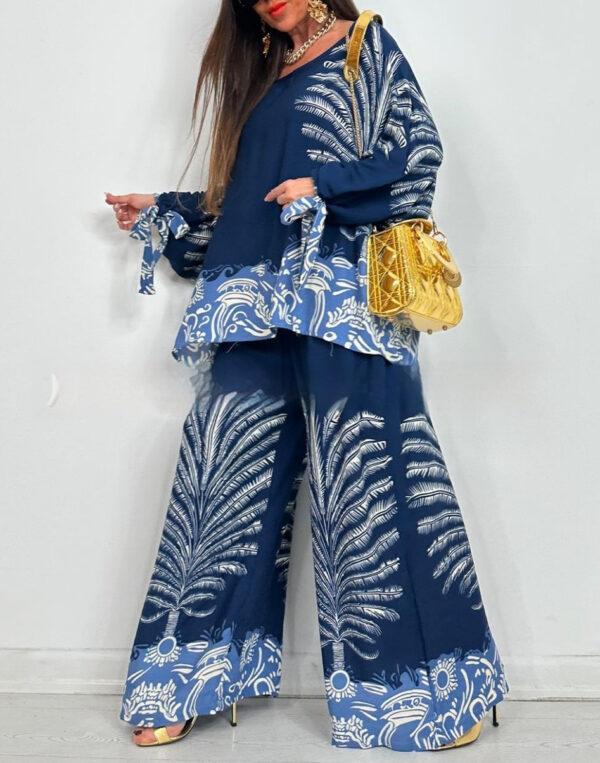 Vintage Floral Print Long Sleeves Top Wide Leg Pants Suit - Image 5