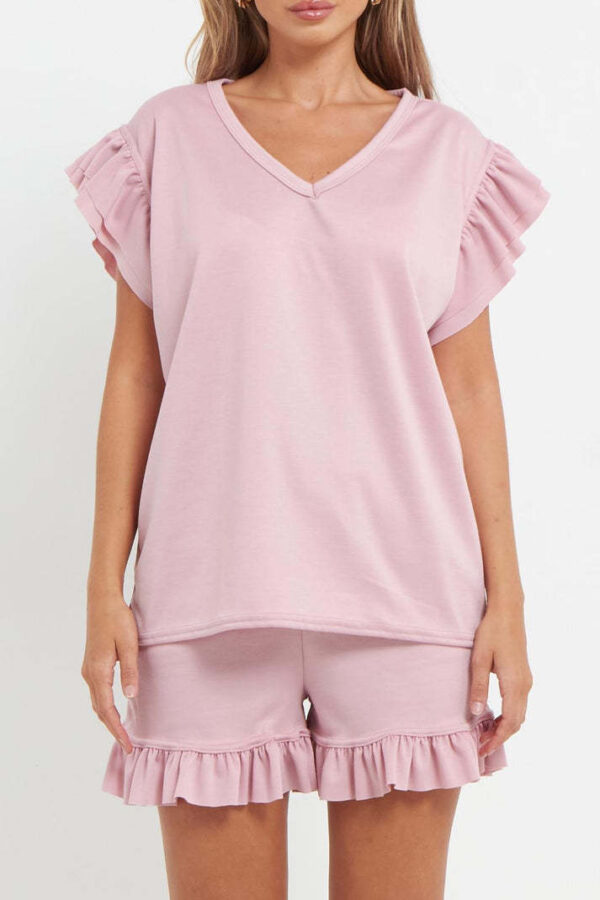 Ladies V Neck Frill Peplum Sleeve Top And Short 2 Piece Tracksuit Set - Image 6