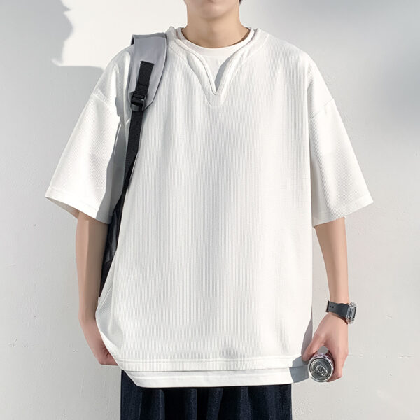 Henry Collar Fake Two Pieces Short Sleeve T-shirt Trendy Men Summer - Image 3