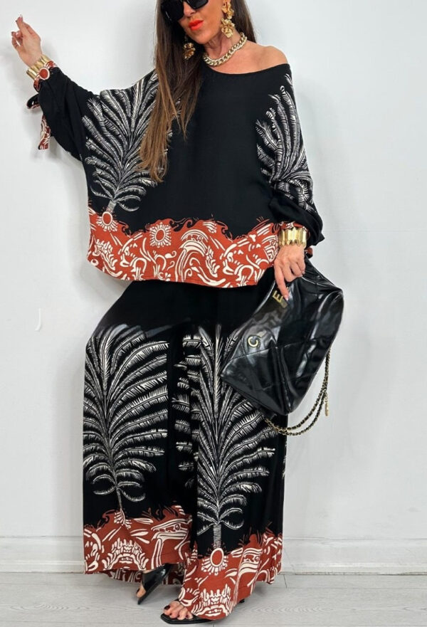 Vintage Floral Print Long Sleeves Top Wide Leg Pants Suit - Image 2